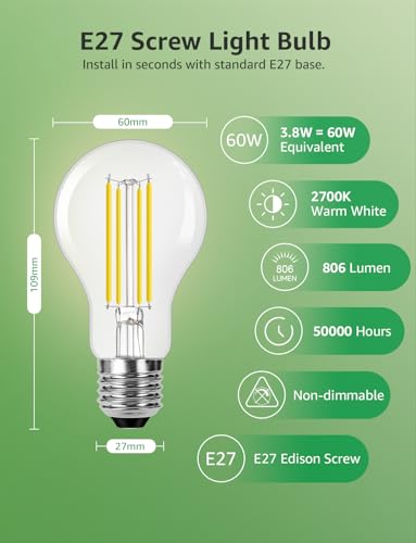 Thumbnail 3 de Lepro E27 Screw Bulb A‑Rated, 3.8W (60W equivalent), 806lm, 2700K Warm White — Pack of 2