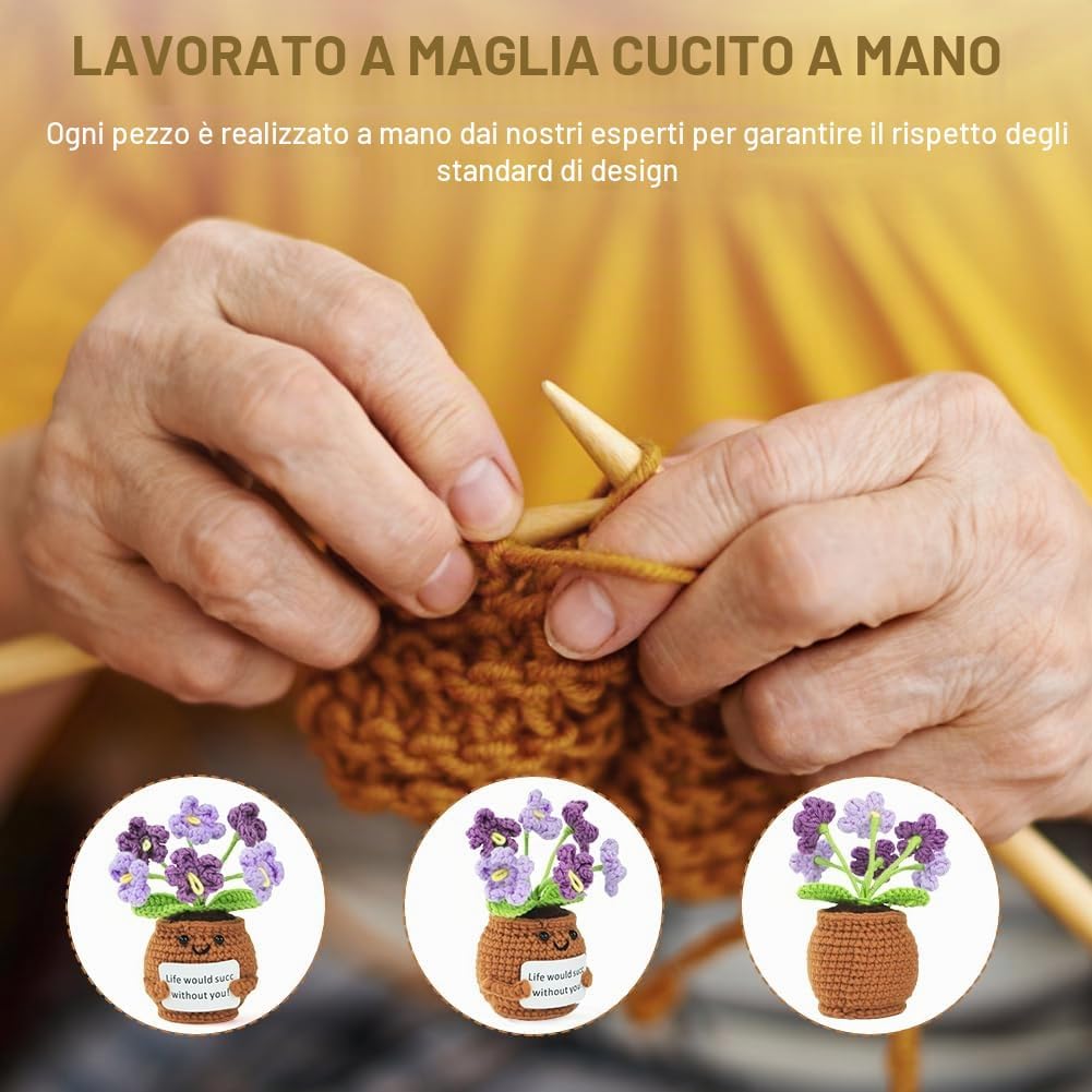 Detalle de Vicloon Mini Positive Doll: pianta in vaso fatta a maglia con citazione positiva