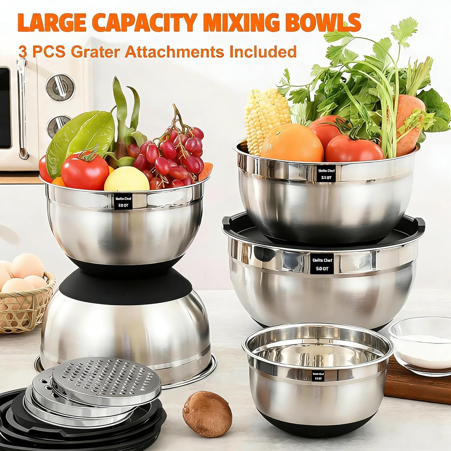 Detalle de Umite Chef Thickened 26-Piece Stainless Steel Mixing Bowls Set with Airtight Lids & 3 Grater Attachments