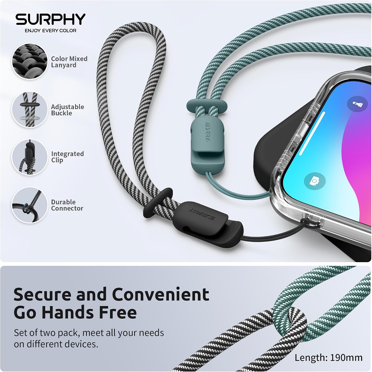 Detalle 2 de SURPHY Black & Green Braided Nylon Phone Wrist Lanyard, 2-Pack