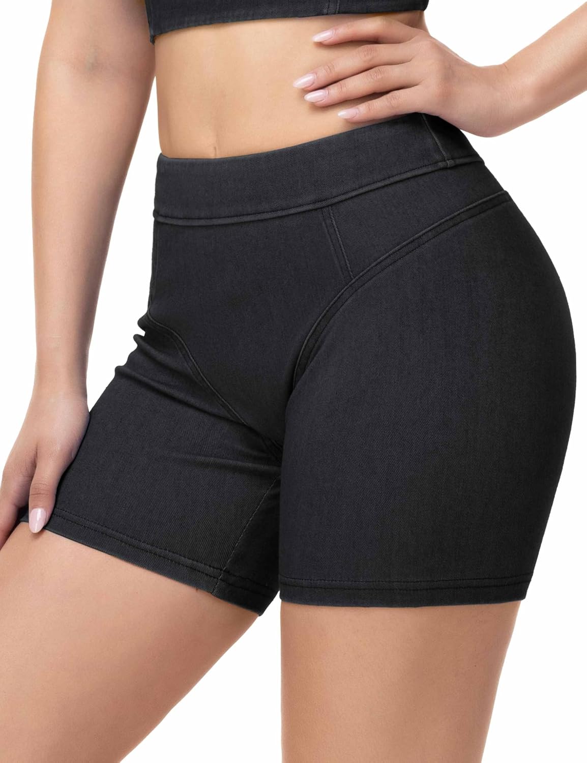 Detalle de THE GYM PEOPLE Women's 5'' Scrunch Jean Shorts, Stretch Pull-On Denim