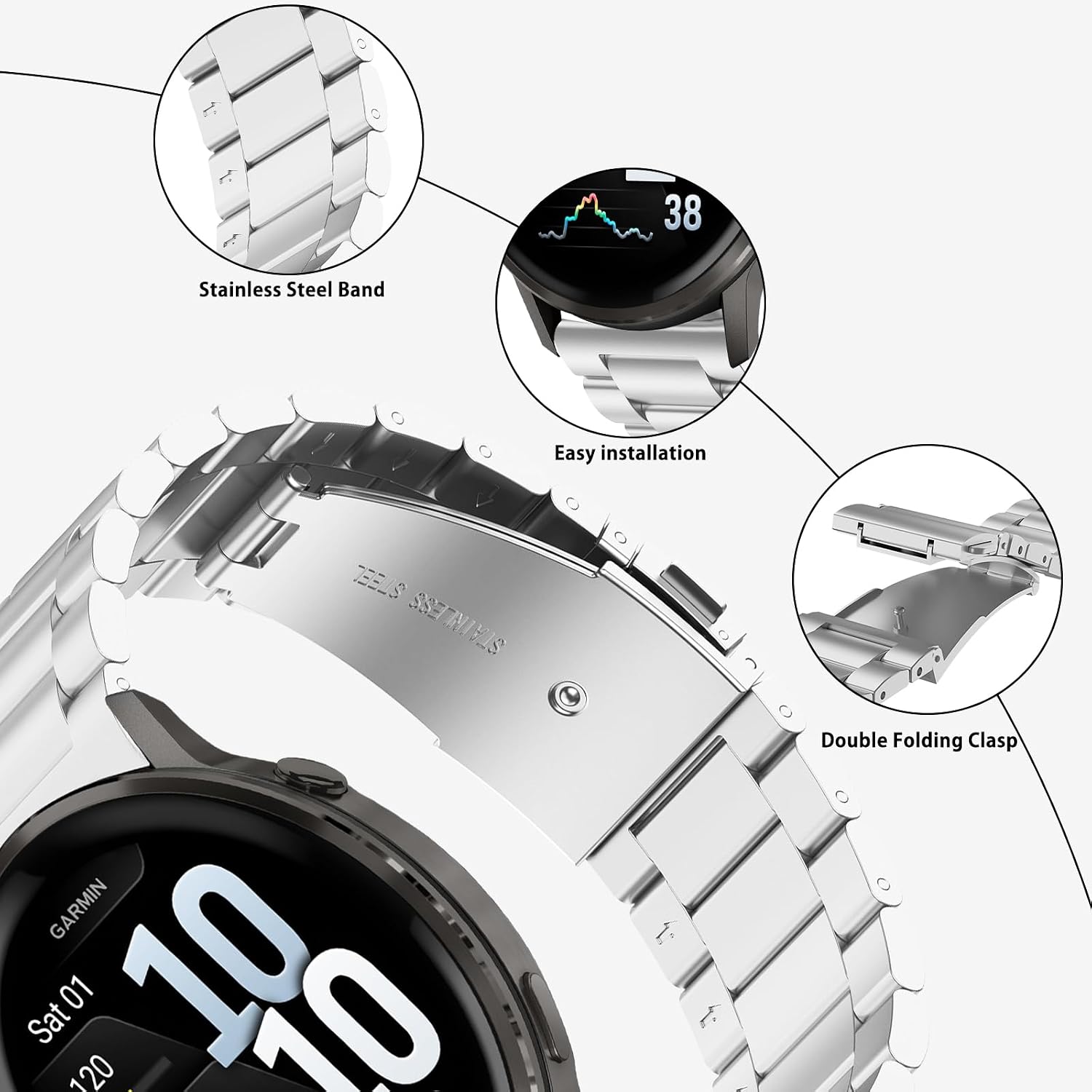 Detalle de SumRioo 22mm Stainless Steel Strap for Garmin Venu 4/3/2 & Forerunner 265/255 (Silver)