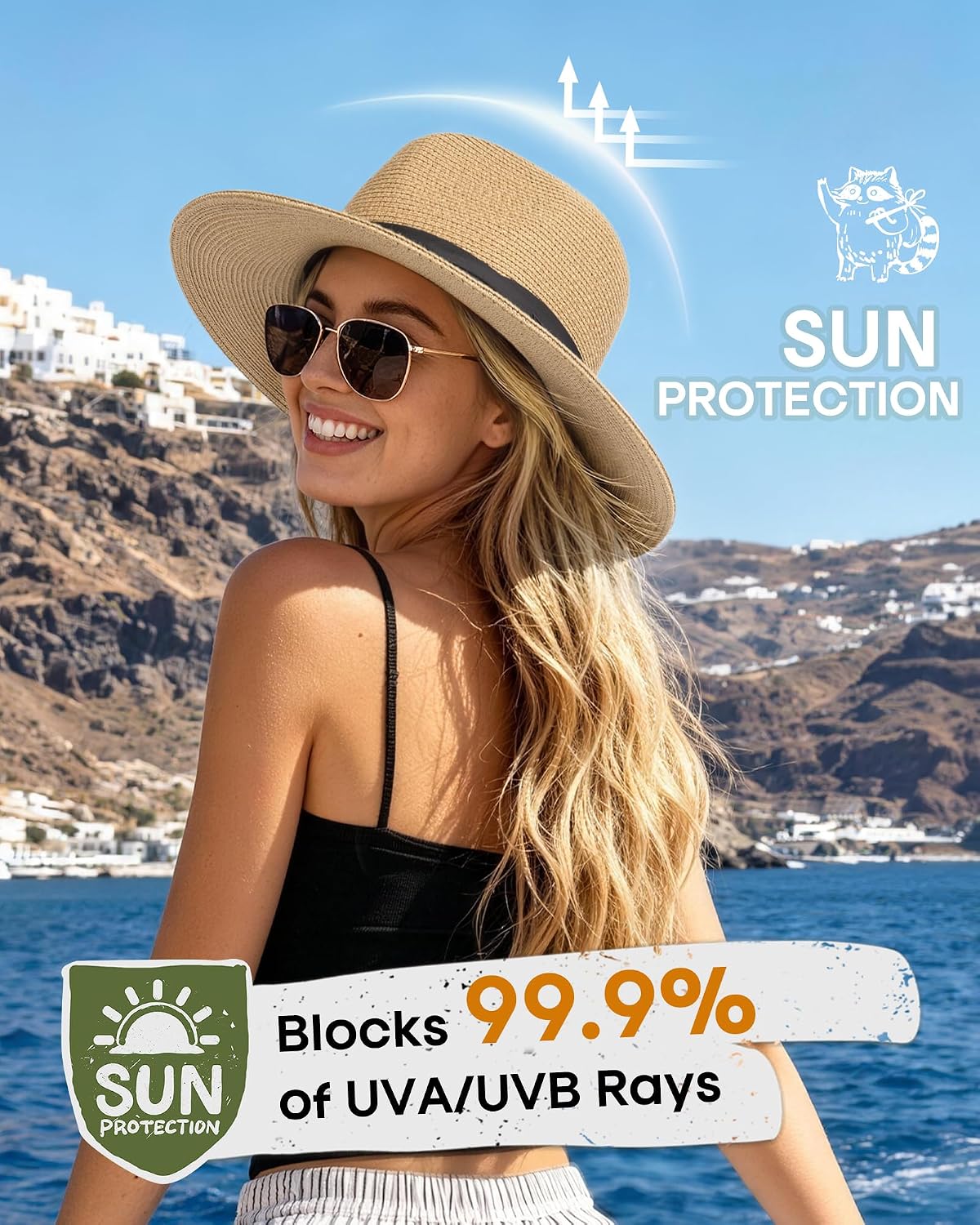 Detalle 2 de FURTALK wide brim straw panama hat fedora for women & men (UPF straw summer sun hat)
