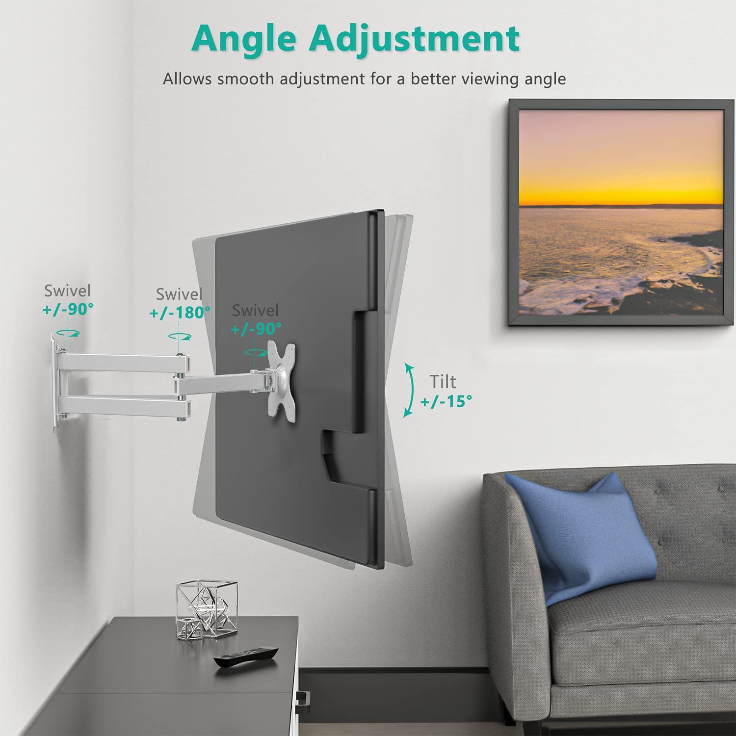 Detalle de WALI TV Wall Mount Articulating LCD Monitor Full Motion 15" Extension Arm Tilt Swivel (1330LM-W) – White
