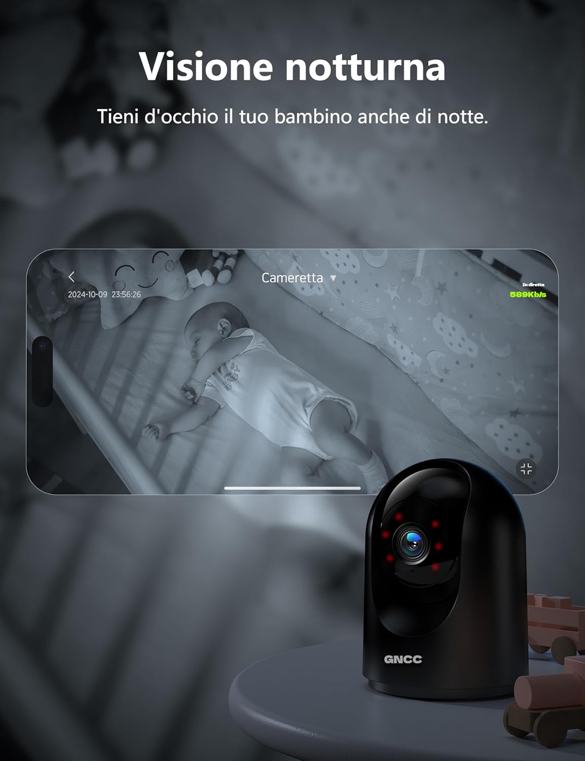 Thumbnail 5 de GNCC Telecamera WiFi Interno 2K con visione notturna, 360° e audio bidirezionale (2.4 GHz) – per casa, bambini e animali