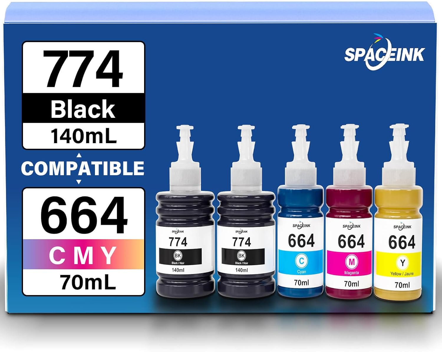 Detalle de Spaceink 774 664 Compatible Ink Refill Bottles, 5-Pack, Black and CMY