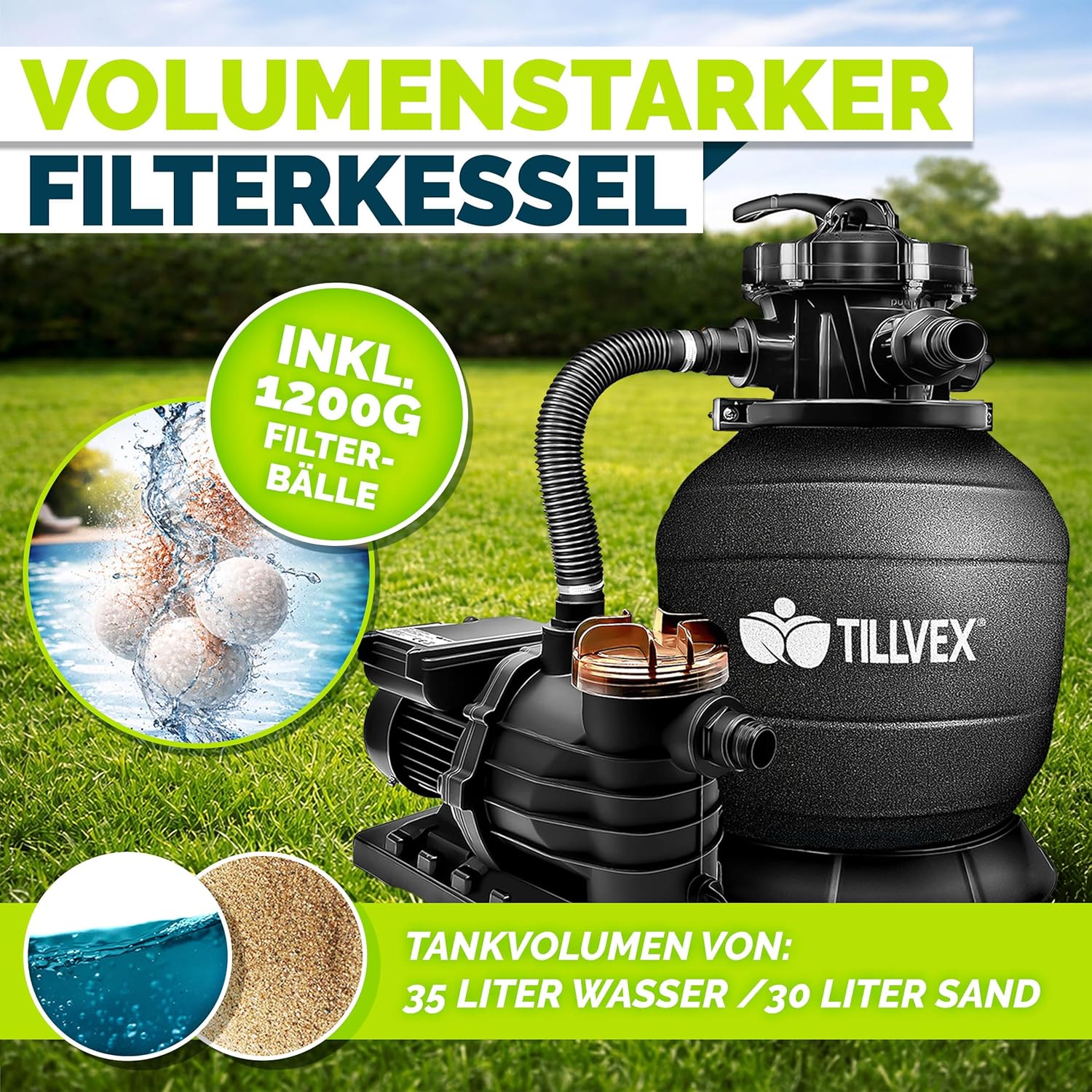 Thumbnail 6 de tillvex® Sandfilteranlage Pool 13.200 L/h bis 40.000 L mit 7-Wege-Ventil & 2in1 Adapter (Schwarz)