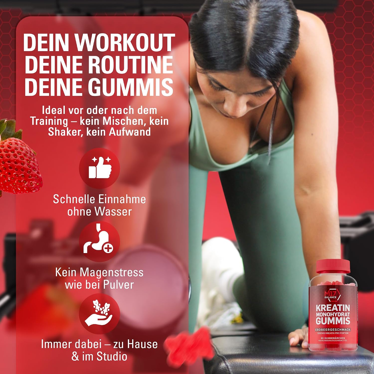 Detalle 2 de Creatin Monohydrat Gummibärchen mit 5.000 mg Kreatin & BCAAs/L-Carnitin – 30 Portionen (Erdbeere), zuckerfrei, vegan