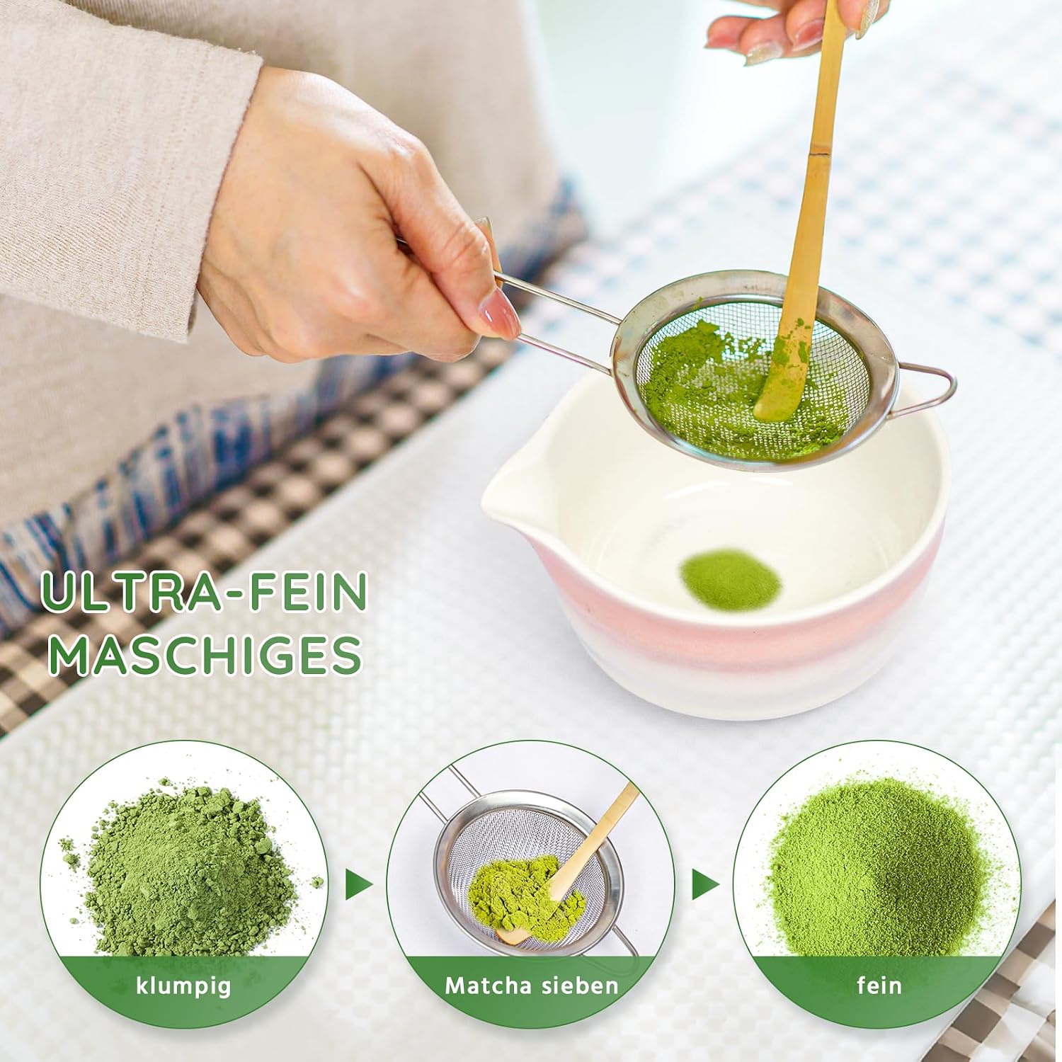Detalle de Newthinking Matcha Besen Set – 7-teiliges Rosa Matcha Set mit Bambusbesen und Zubehör