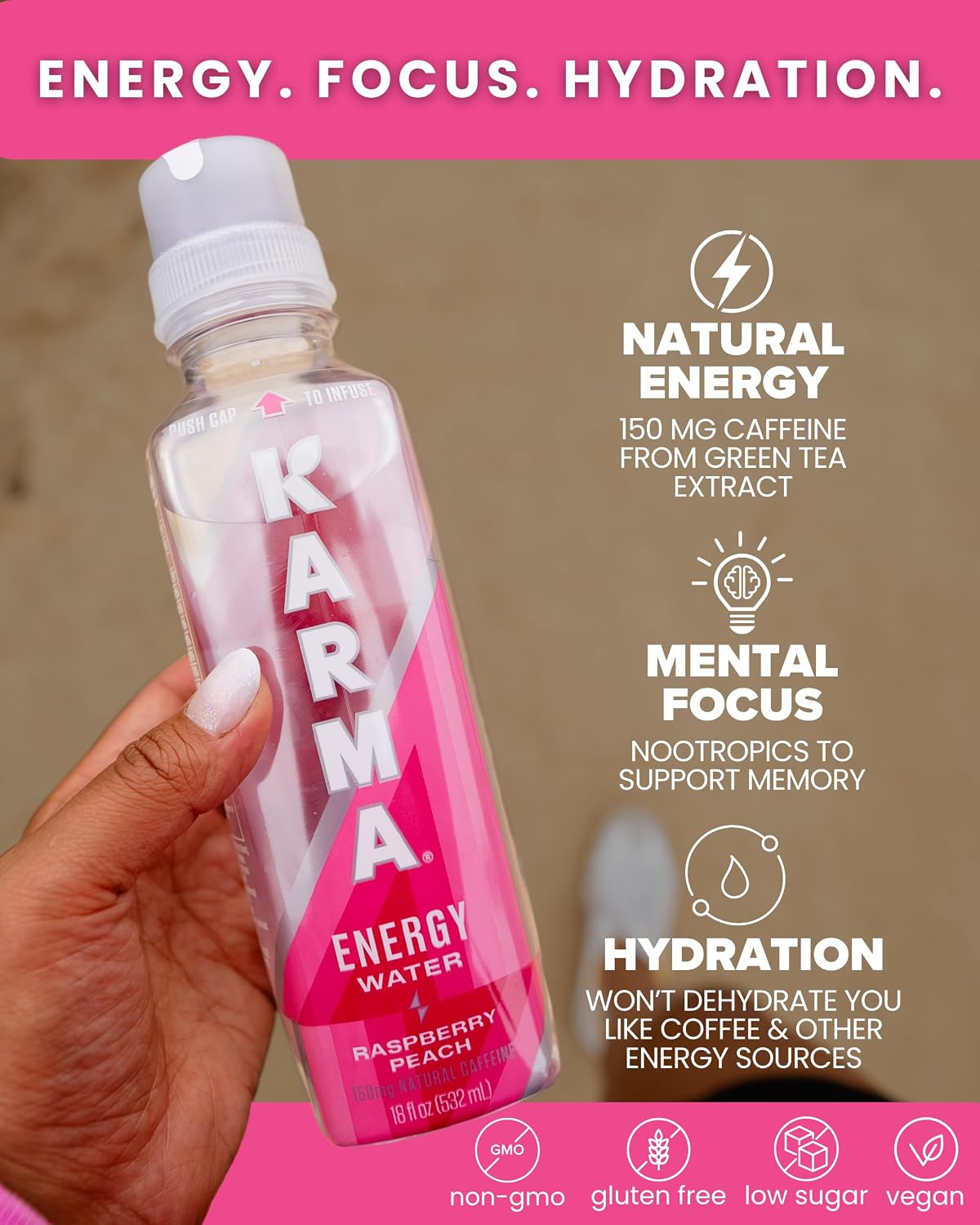 Detalle de Karma Energy Melon Dragonfruit Caffeinated Water, 12-Pack, 150mg Caffeine