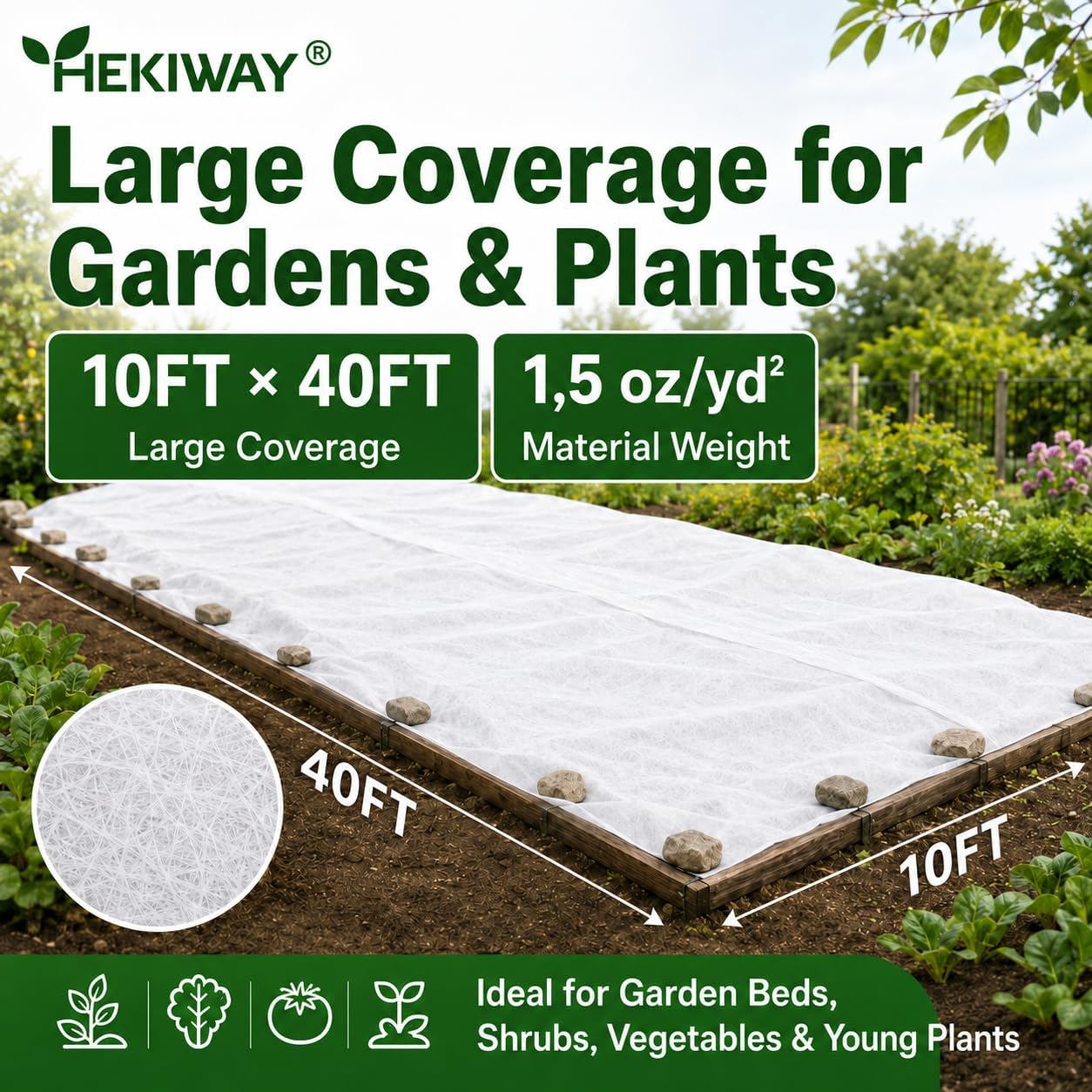 Detalle 2 de HEKIWAY FHFT40FT Frost Cloth, 10 x 40 ft Plant Cover, 1.5 oz/yd² PP