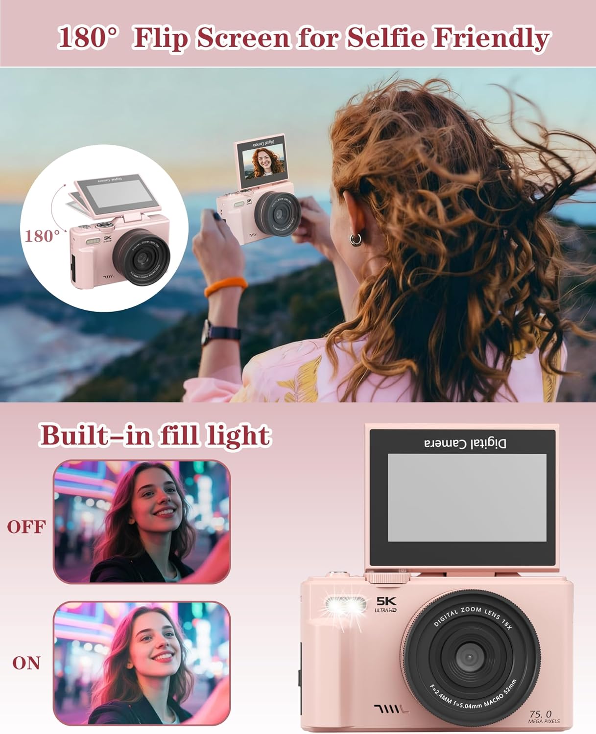 Detalle 2 de 5K Digital Camera with 75MP Sensor and 180° Flip Screen – a beginner-friendly vlogging companion