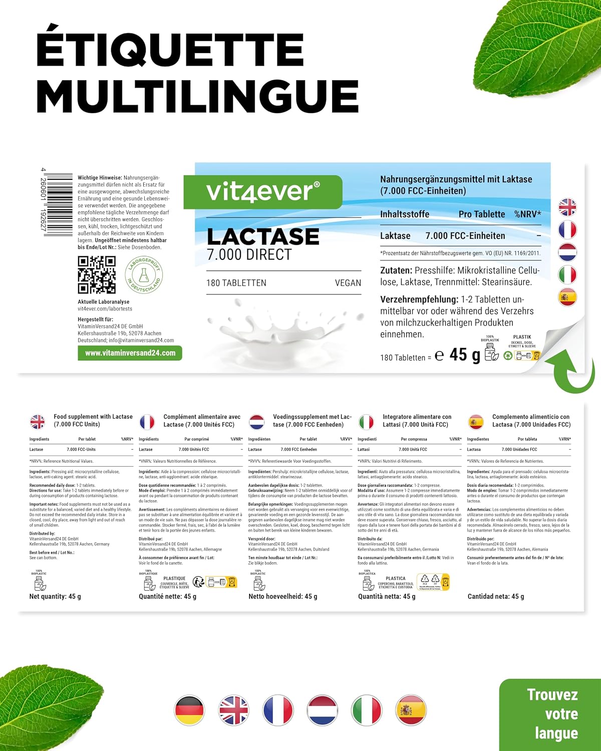 Detalle 2 de Vit4ever Lactase 7.000 (180 comprimés) à effet immédiat, vegan