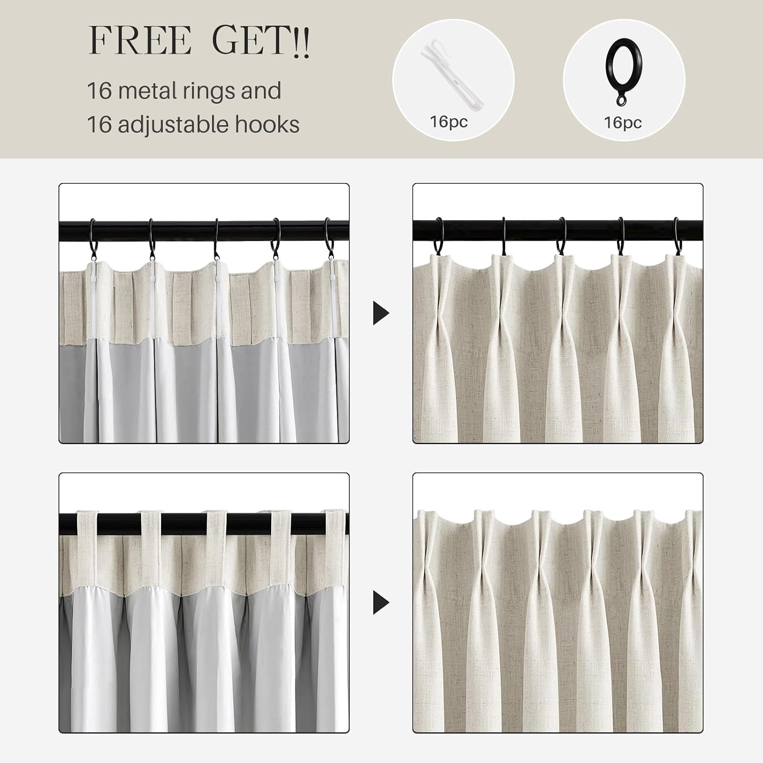 Thumbnail 6 de Pinch Pleated Blackout Linen Curtains (95" Long, 2 Panels) — 100% Blackout Thermal Room Darkening Drapes
