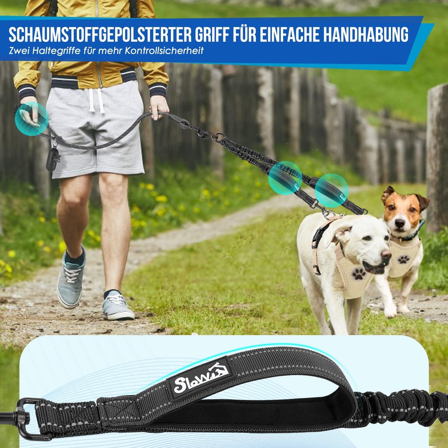 Detalle de SlowTon Doppelleine für 2 Hunde mit 360° Drehverschluss und stoßdämpfender Bungee – reflektierend & gepolsterte Griffe