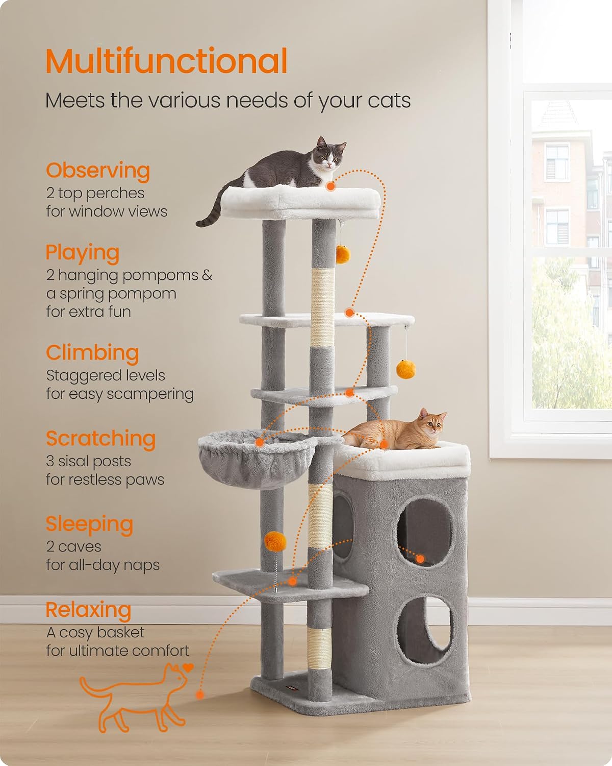 Detalle 1 de FEANDREA Tall Cat Tree, 150 cm, Two Caves and Three Sisal Scratching Posts