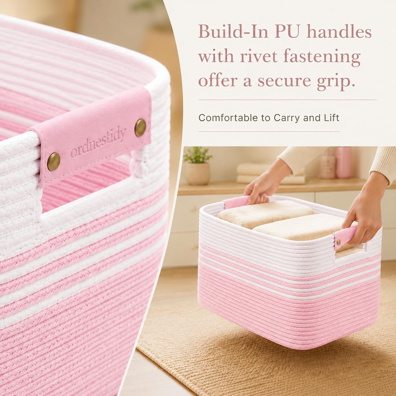 Detalle de ordnestidy 12.8GAL Cotton Rope Storage Basket, White Pink