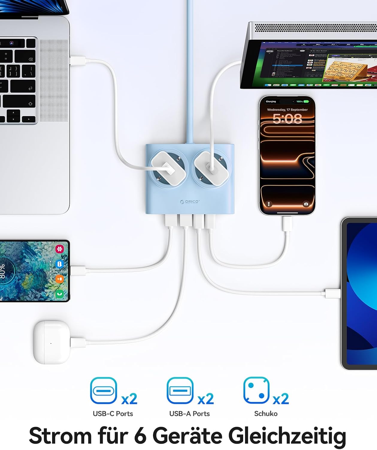 Detalle 2 de ORICO 25W GaN Mehrfachsteckdose 6-in-1 Blau – 2x AC, 2x USB-A, 2x USB-C PD, 1,6 m Kabel