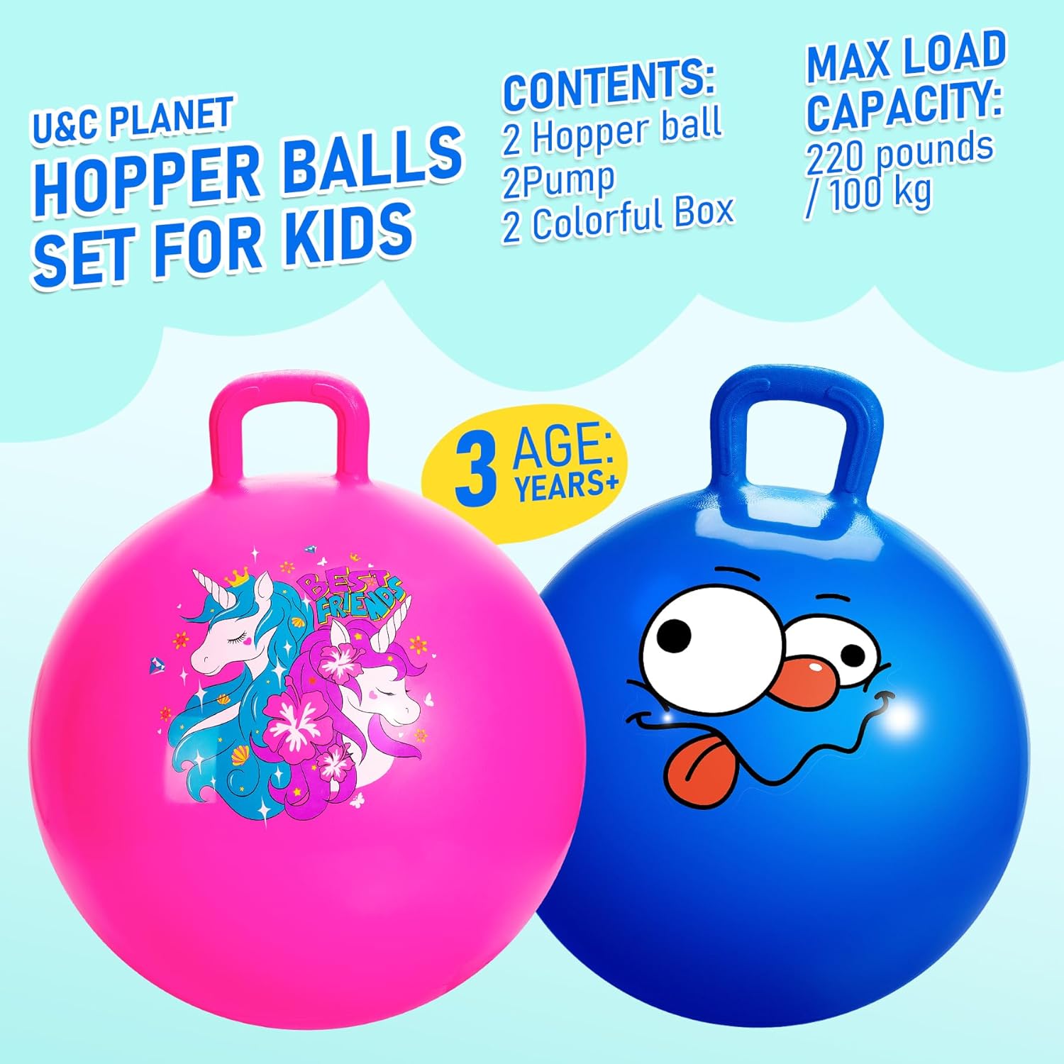 Thumbnail 1 de U&C Planet 2er-Set Hüpfball „Hopperbälle“ mit Griff (3–8 Jahre) – Space Hopper für drinnen & draußen