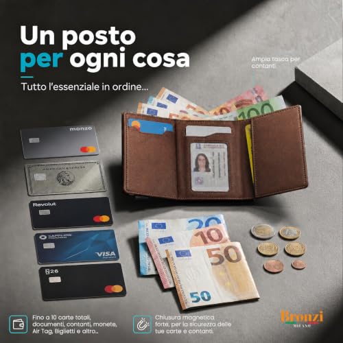 Detalle de Bronzi portafoglio portacarte slim in similpelle, RFID, marrone testa di moro