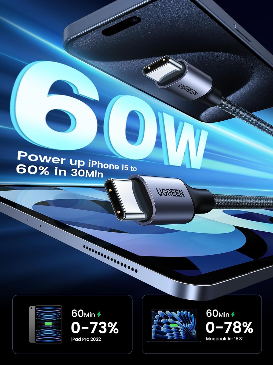 Thumbnail 1 de UGREEN USB C to USB‑C 60W charger cable 2m