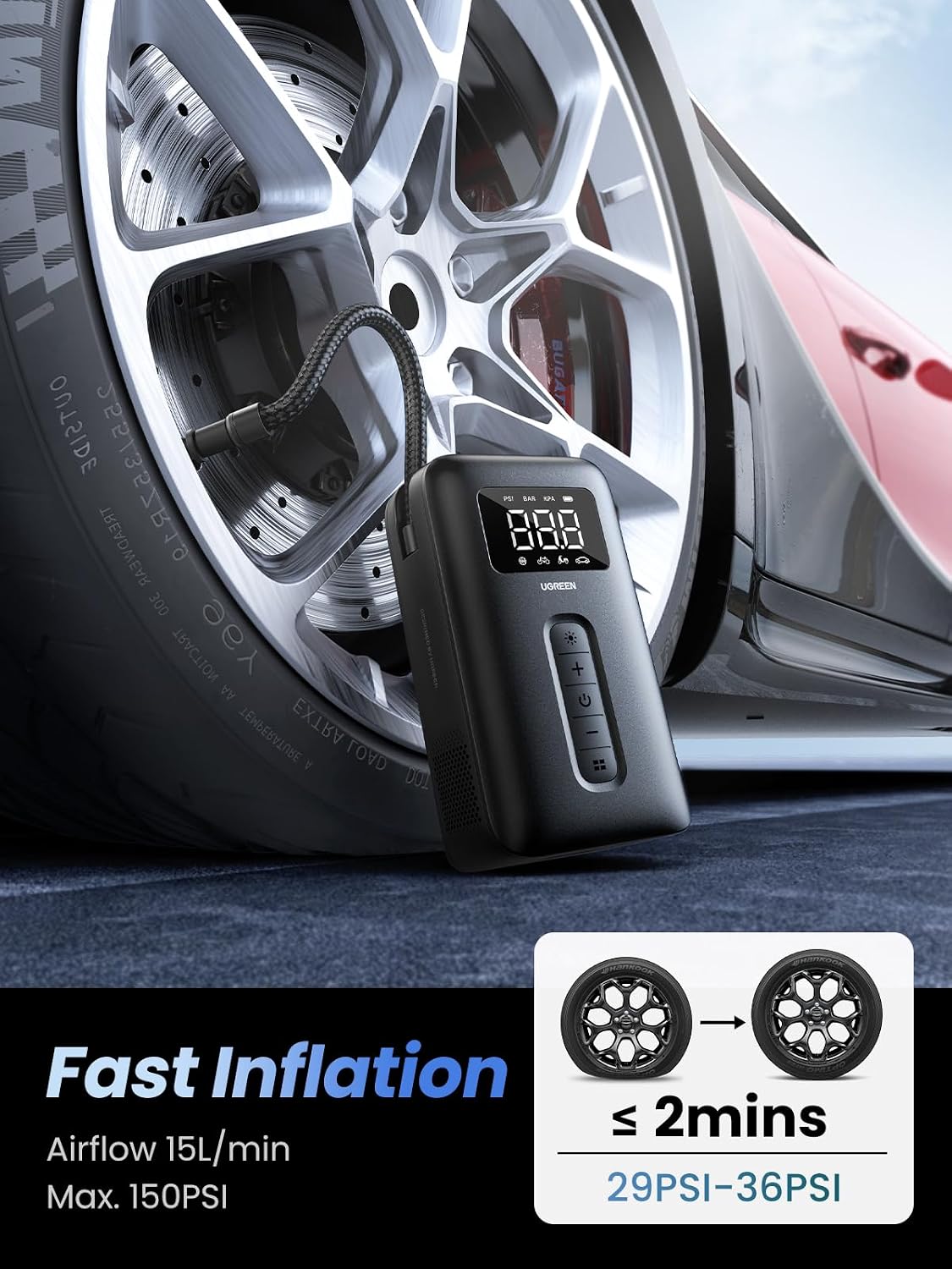 Detalle 2 de UGREEN Tyre Inflator 150 PSI Portable