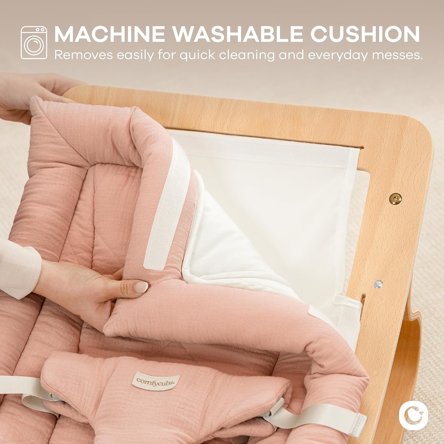 Thumbnail 6 de Comfy Cubs Baby Rocker, Wooden Infant Recliner with Removable Muslin Cushion, Blush