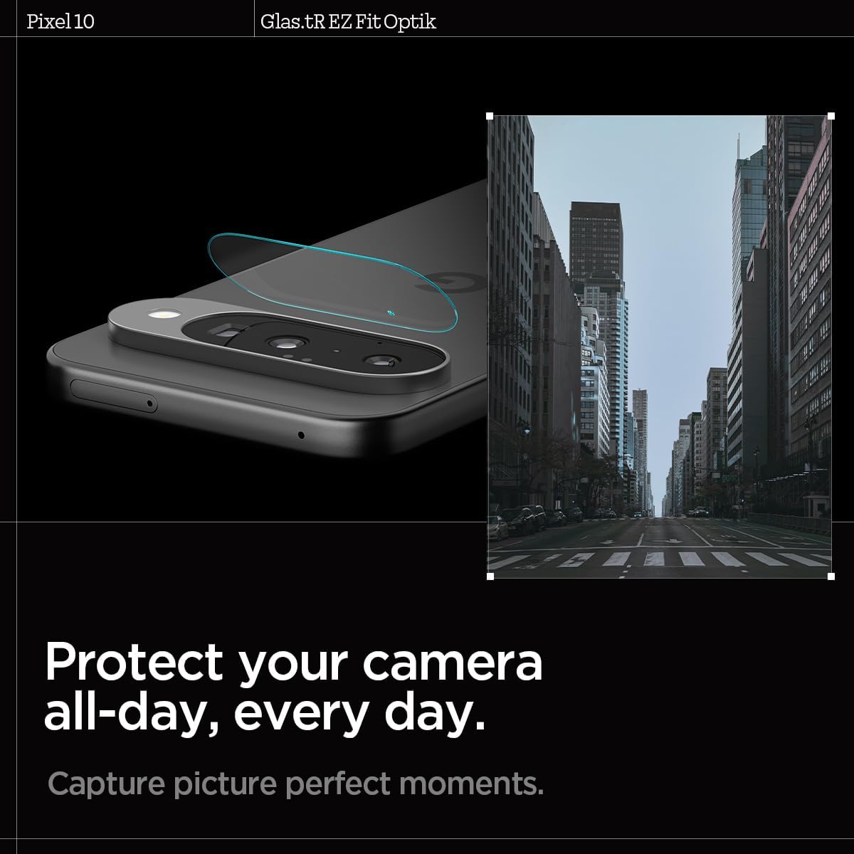 Detalle de Spigen Glas.tR EZ Fit Optik protezione fotocamera per Google Pixel 10, pellicola 9H trasparente (2 pezzi)