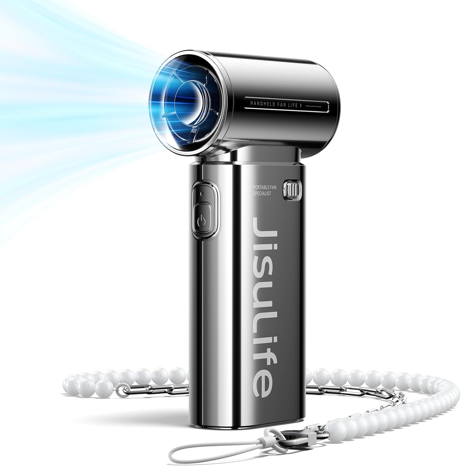 Detalle de JISULIFE Life9 Portable Handheld Fan — Turbo Power Mini Personal Fan for Travel (Chrome)