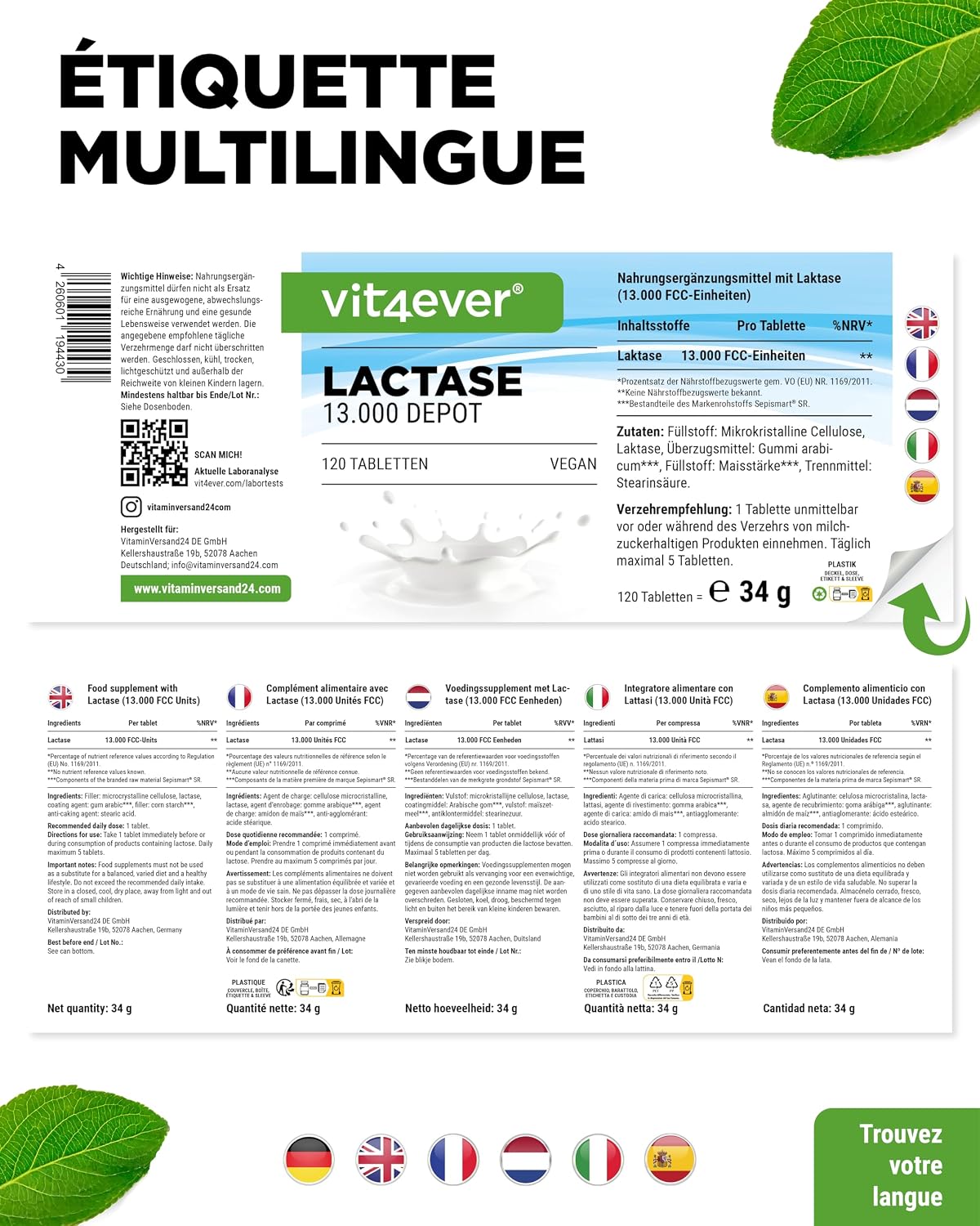 Detalle 2 de Lactase 13.000 Depot Sepismart Slow Release – 120 comprimés à libération prolongée pour l’intolérance au lactose