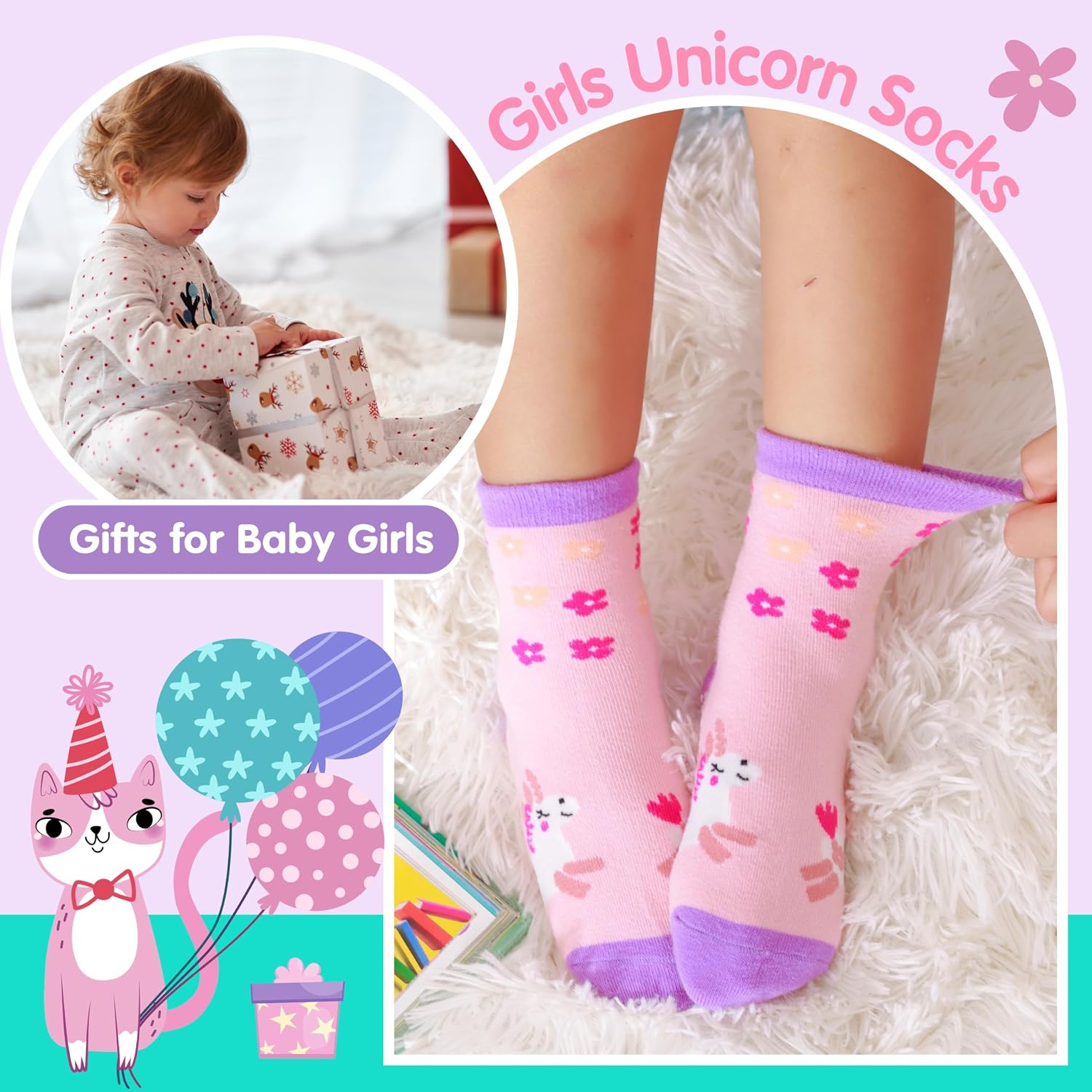Detalle 2 de Welwoos 12-Pair Baby and Toddler Grip Socks, Cotton Crew with Animal Prints