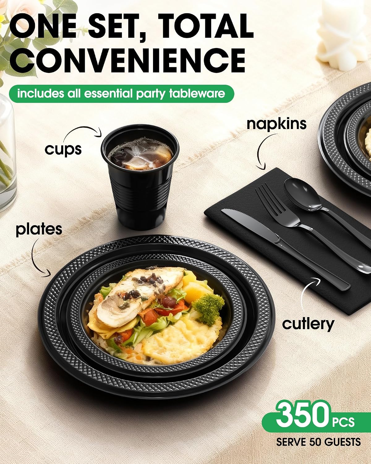 Thumbnail 2 de Pureegg Black Plastic Plates Set — 350 Pcs for Up to 50 Guests (Napkins, Utensils, Cups Included)