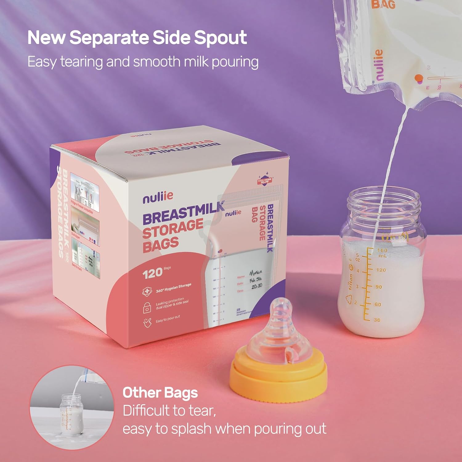 Thumbnail 2 de Nuliie 120 Pcs Breast Milk Storage Bags with Pour Spout and Pre-Sterilised Design