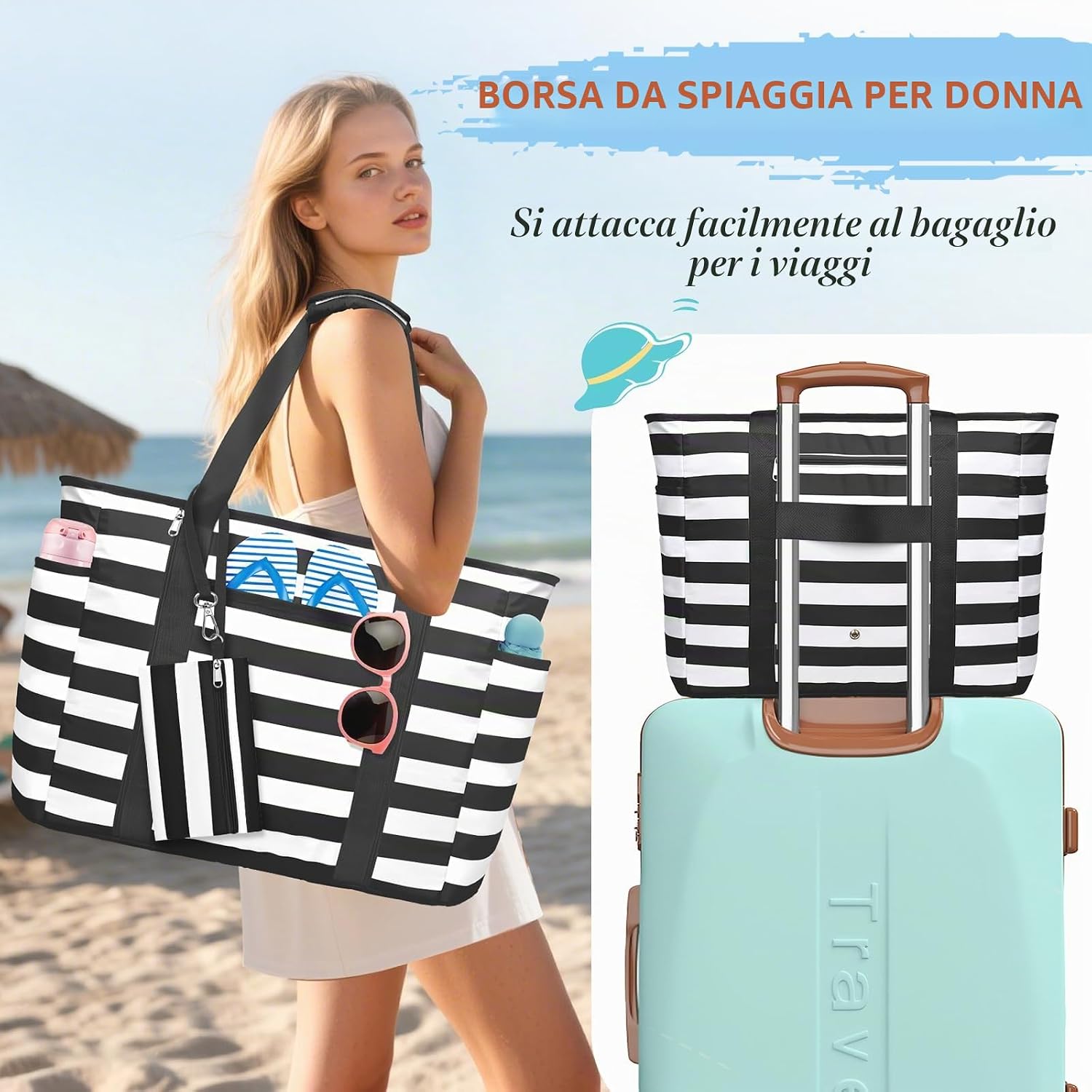 Detalle 2 de KTUEOV Borsa Mare Donna Grande 45L: Borsa Spiaggia XXL Impermeabile e Pieghevole