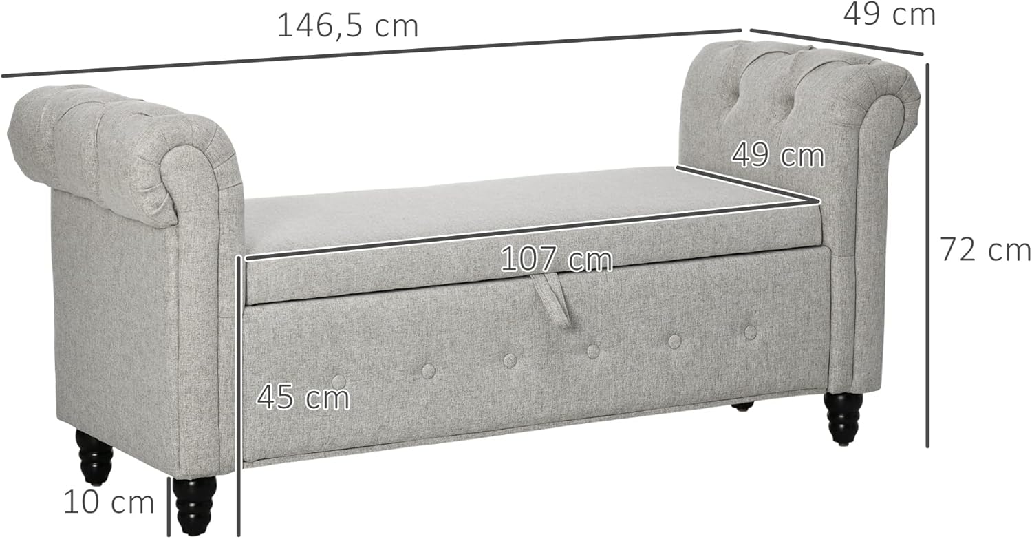 Thumbnail 2 de HOMCOM banc de rangement 146,5 x 49 x 72 cm avec coffre en tissu aspect lin et pieds en bois, gris