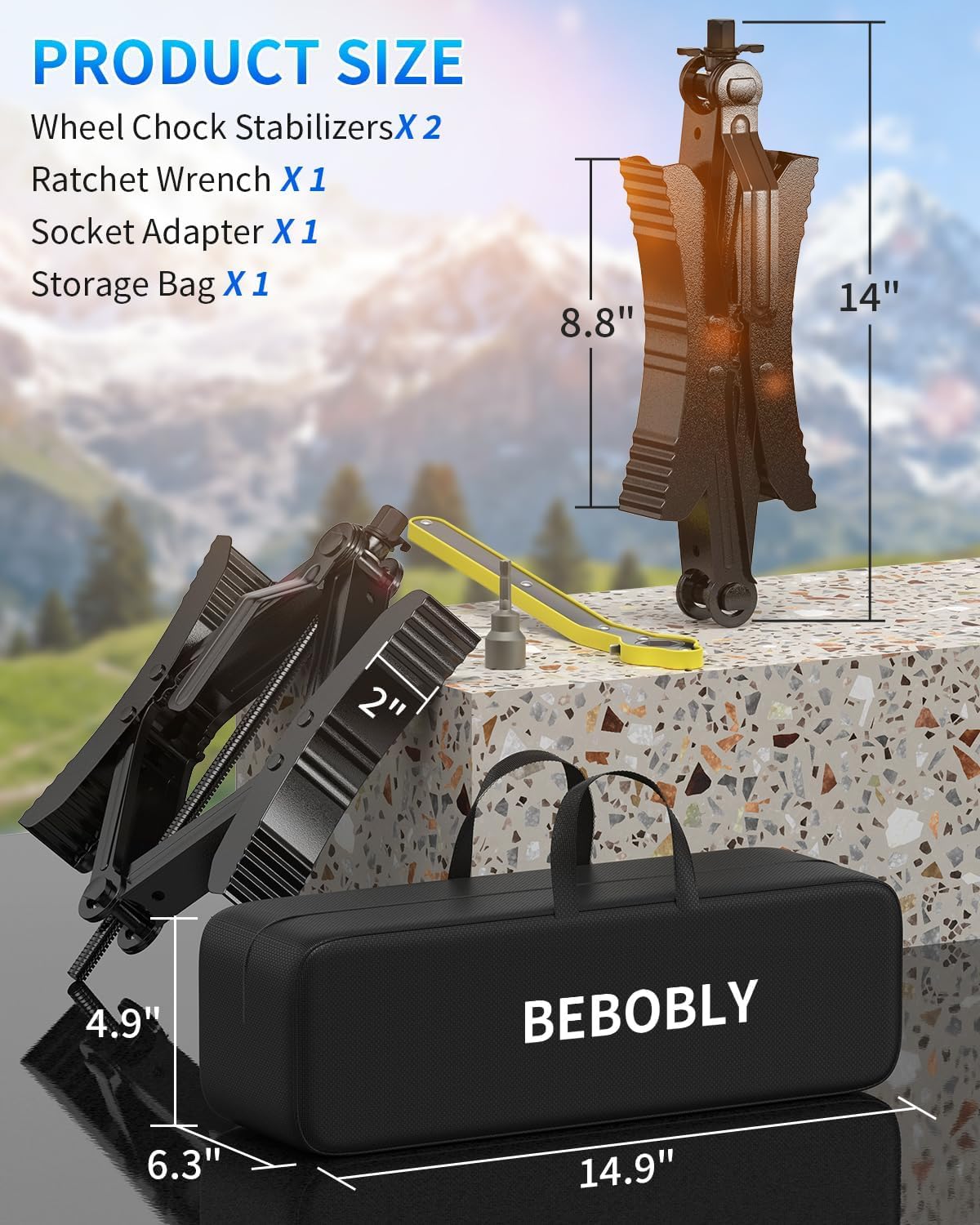Detalle 2 de BEBOBLY Camper RV Wheel Chock Stabilizer (2 Sets) with Wrench — Heavy-Duty X-Shaped Stabilizers for Travel Trailers