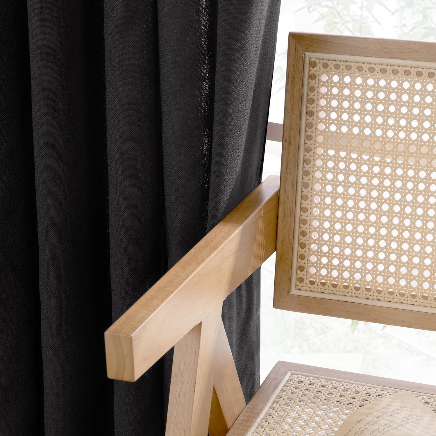 Detalle 1 de YoungsTex Black Linen-Look Curtains, 84-Inch, Light-Filtering, Bronze Grommets