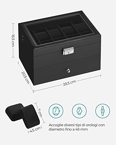Detalle de SONGMICS Porta Orologi JWB020B01: Scatola a 2 Livelli con Copertura in Vetro e Serratura