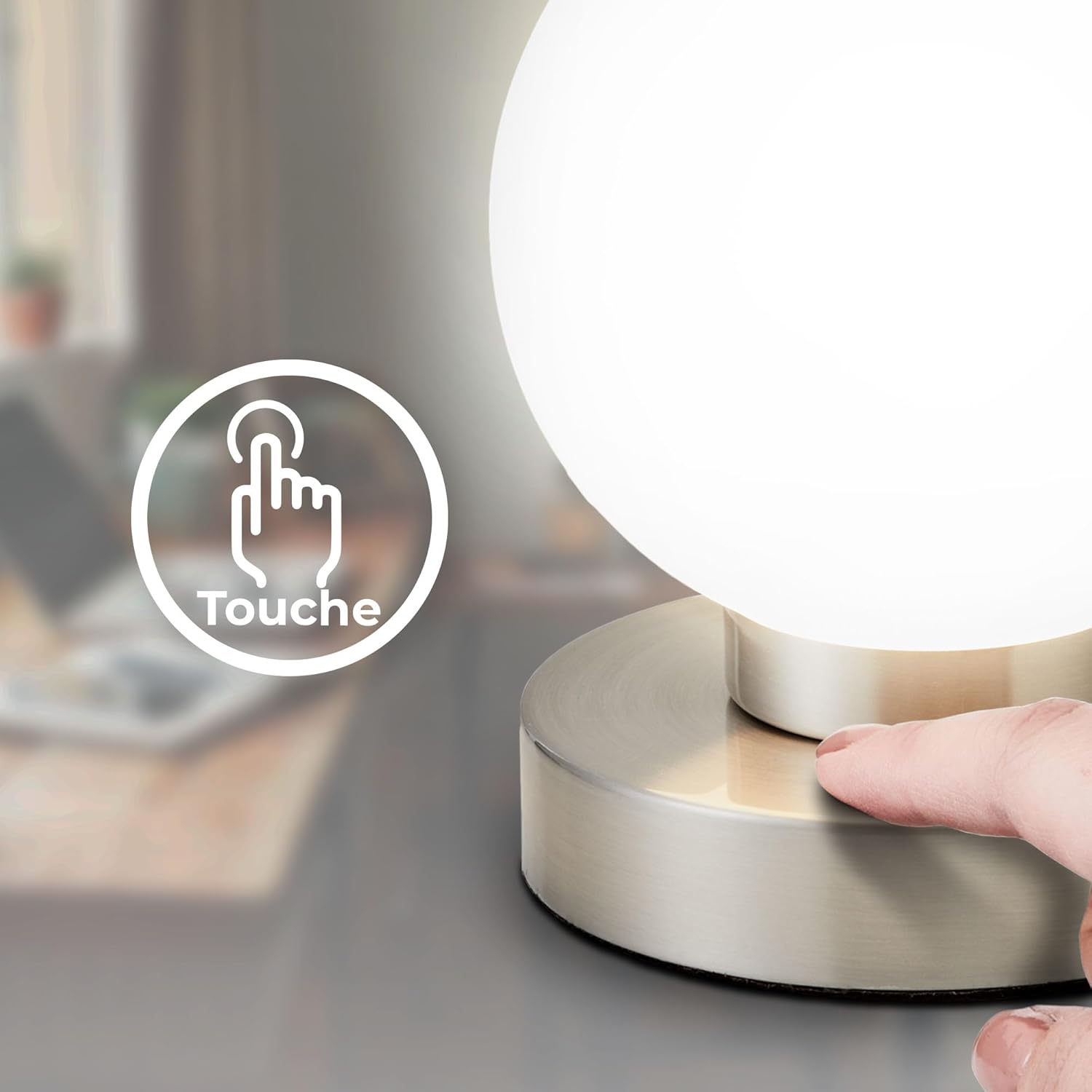 Thumbnail 4 de B.K.Licht Nachttischlampe mit Touch – dimmbar, E14, Glaskugel Weiß, matt-nickel