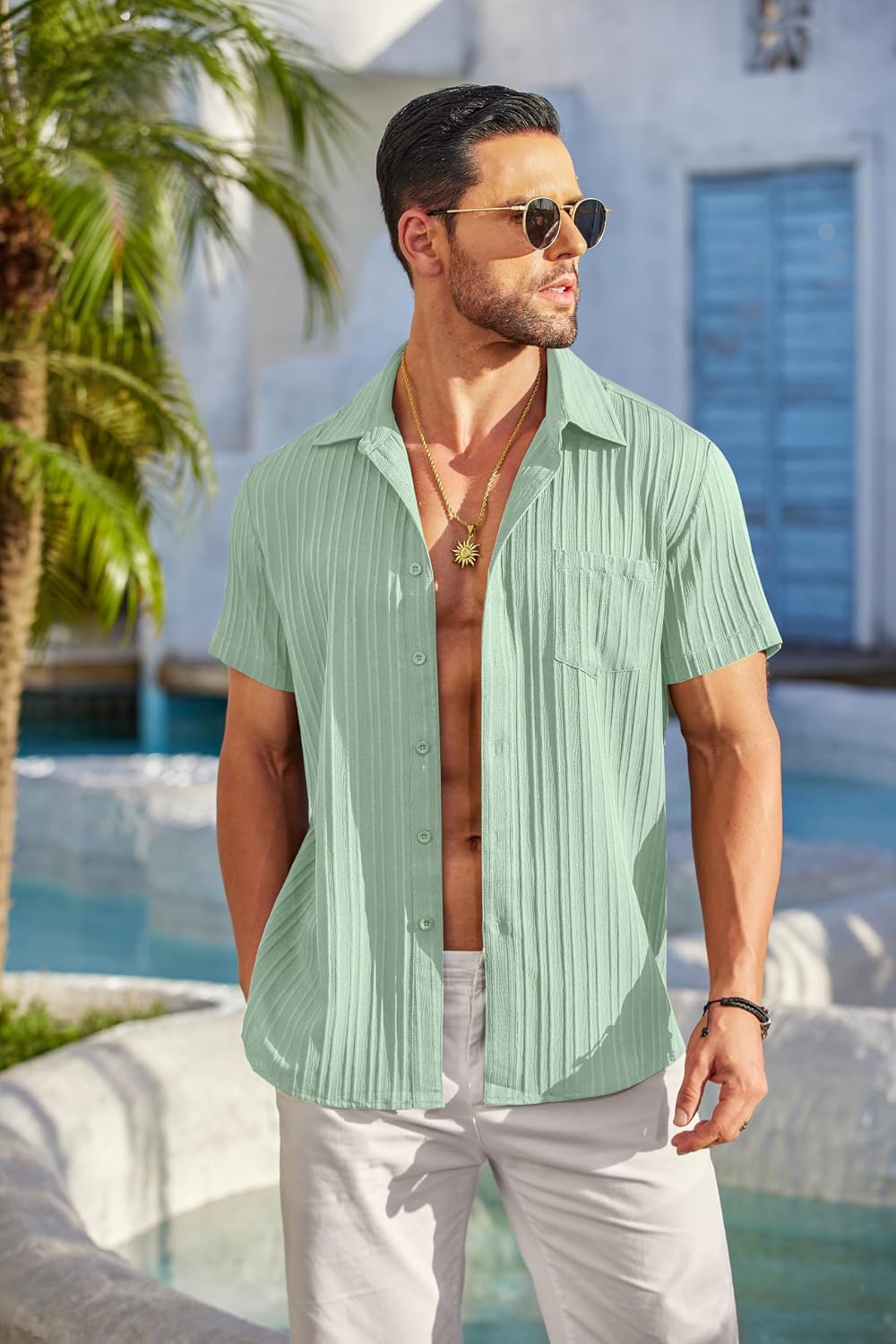 Detalle de COOFANDY Men's Casual Short Sleeve Button-Down Shirt with Textured Fabric