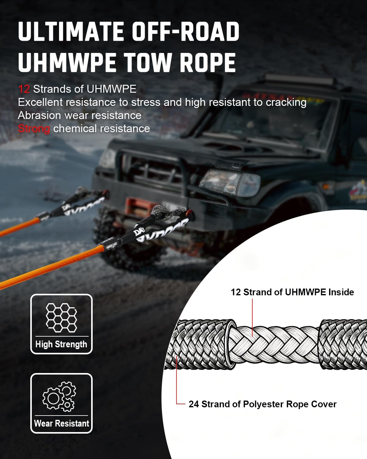 Thumbnail 2 de DAYDOOR Recovery Tow Rope Kit with 2 Soft Shackles (7/16 in x 30 ft) – 31,200 lb UHMWPE