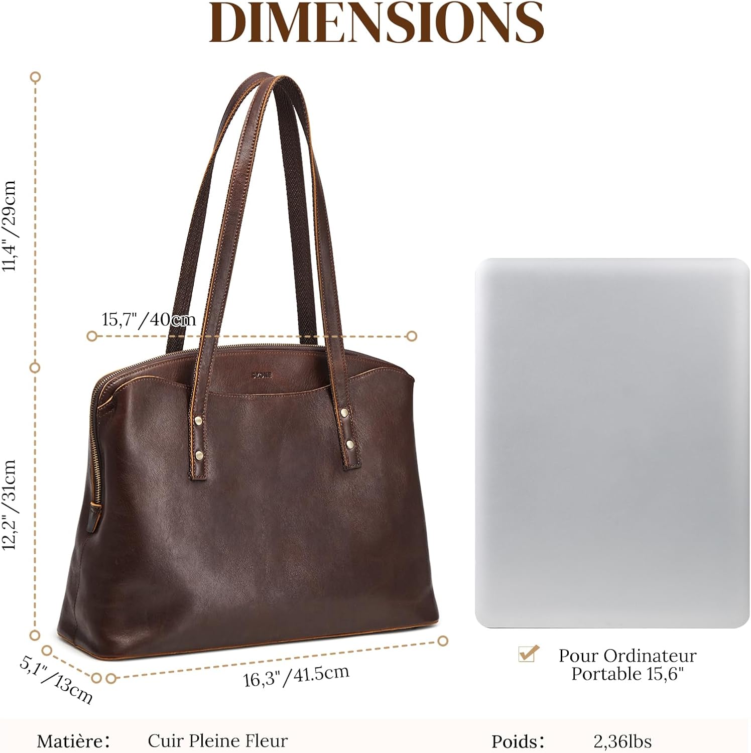 Detalle de S-ZONE Grand sac fourre-tout en cuir pour femme — Sac à main de travail et ordinateur 15,6