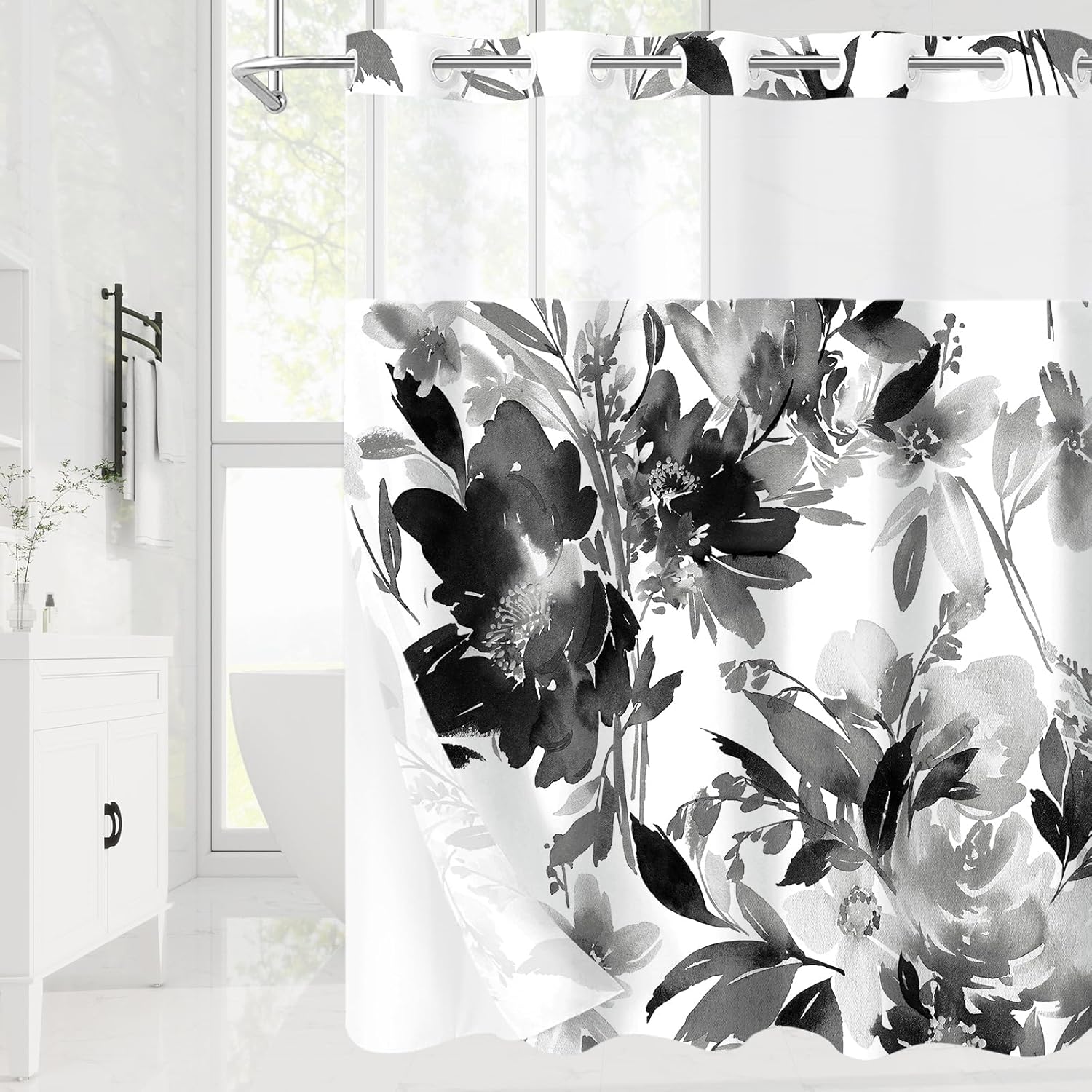 Litabel No Hook Black Watercolor Floral Shower Curtain and Liner Set, 72x74