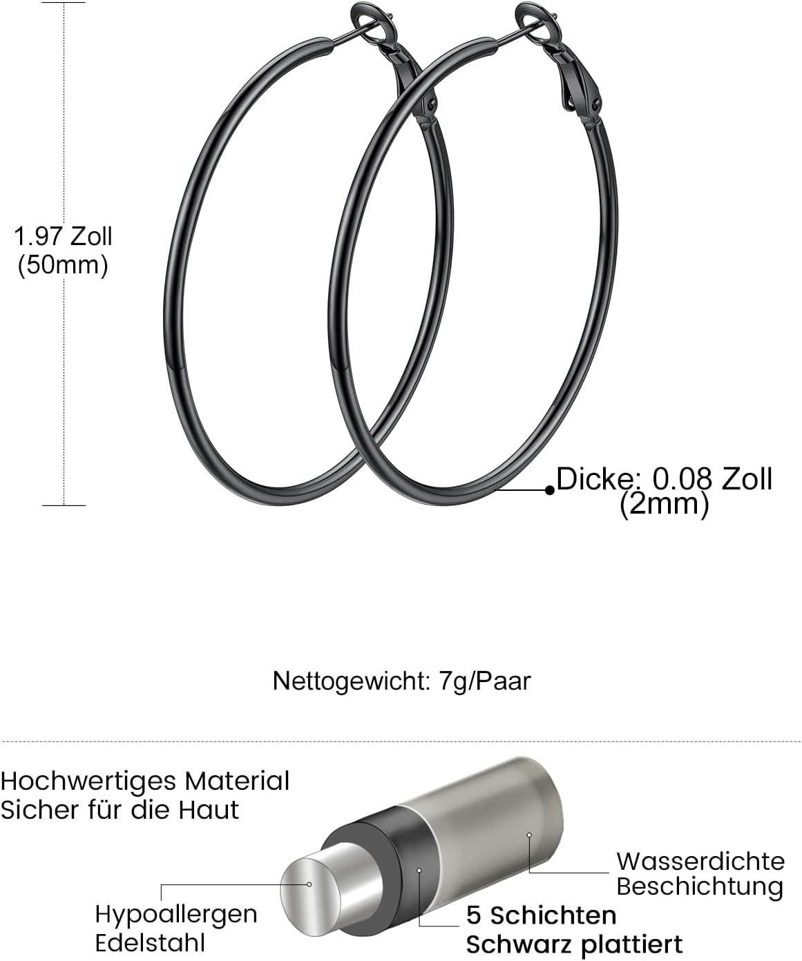 Detalle de GoldChic Creolen Edelstahl Ohrringe – Runde Huggie 30–100 mm in Silber, Gold oder Schwarz