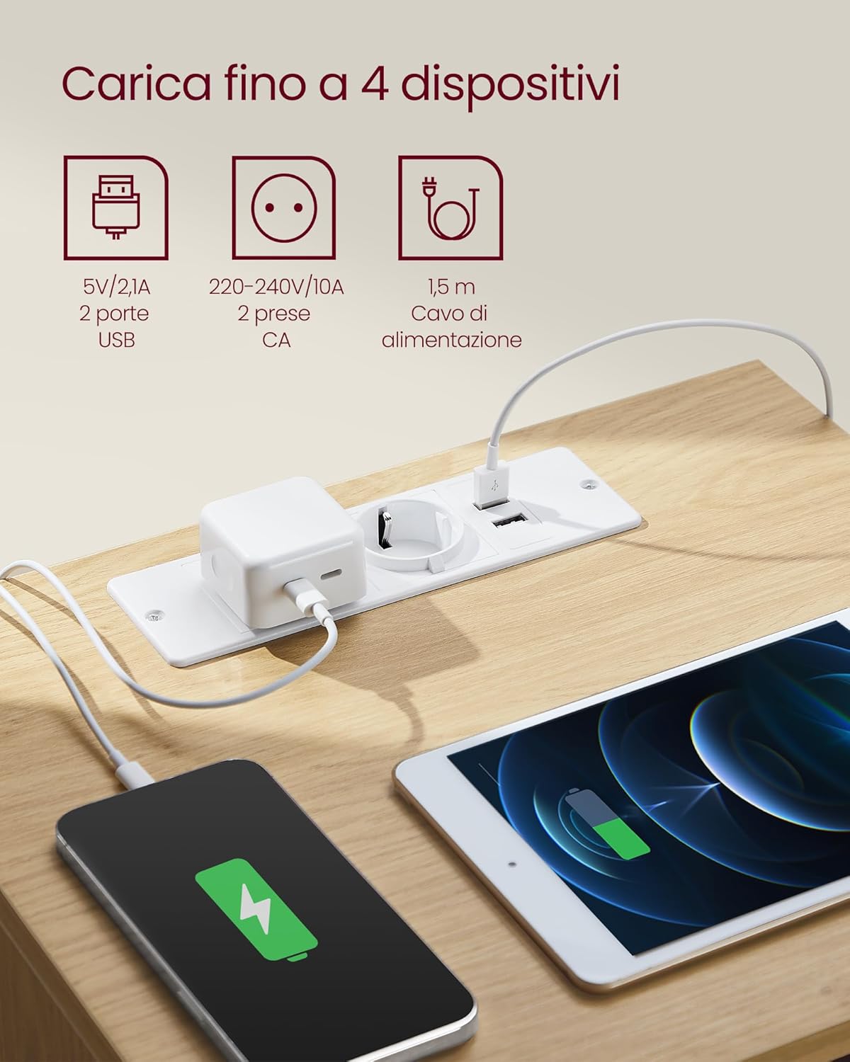 Detalle de VASAGLE KAILYN LET631Y70 comodino con stazione di ricarica, 3 cassetti e presa AC + USB