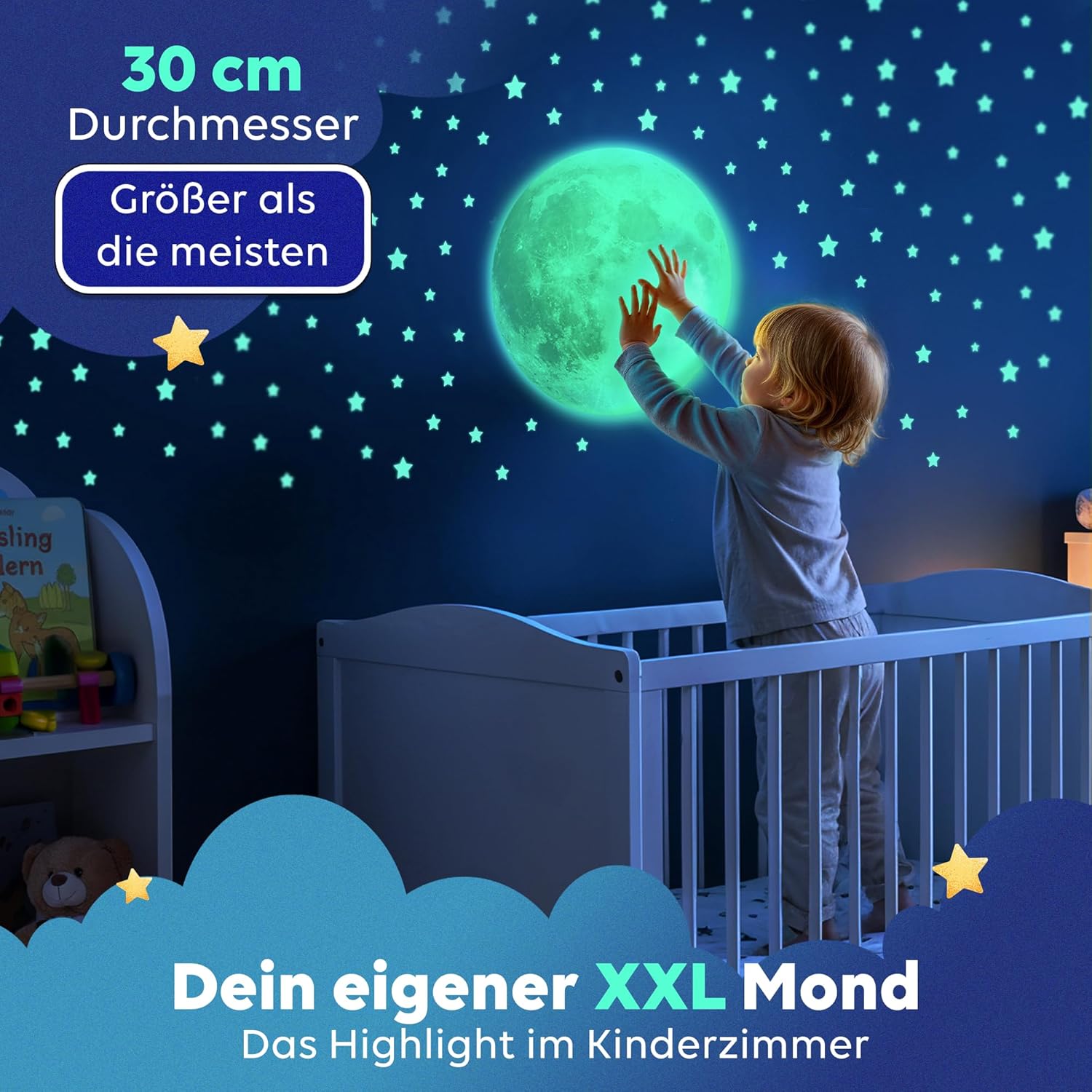 Detalle de LILIMAUS Leuchtmond XXL SELBSTKLEBEND – Mondleuchtsticker für das Kinderzimmer, schaltet den Sternenhimmel im Dunkeln frei