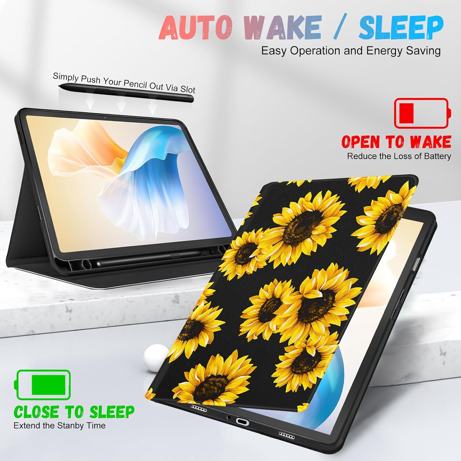 Thumbnail 4 de SurgeCraft Galaxy Tab A9 Plus / A9+ Folio Case 11" – Sunflower Black, Girly Pencil Holder, Auto Wake/Sleep