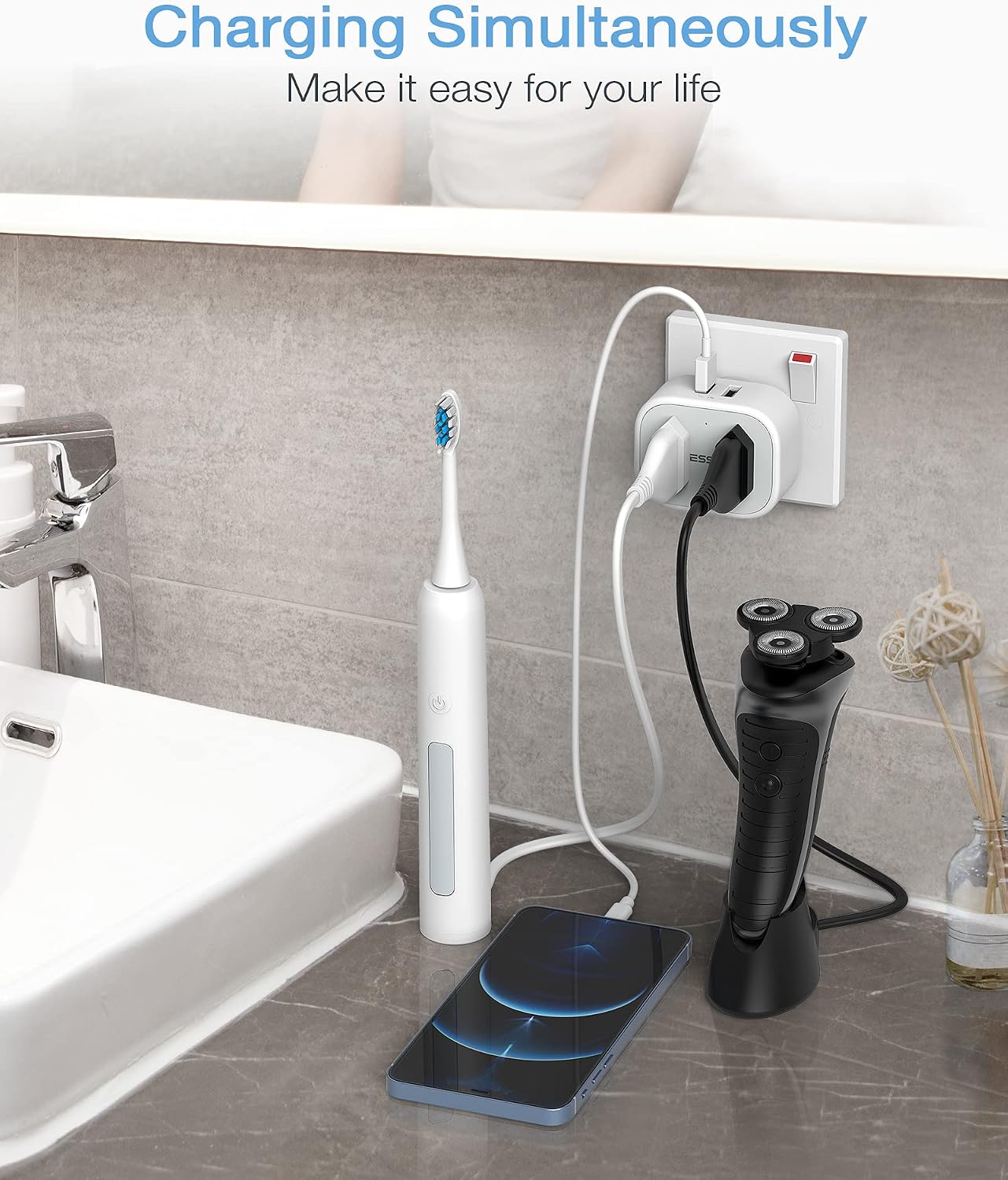 Thumbnail 6 de TESSAN Double Shaver Plug Adaptor UK 2 USB