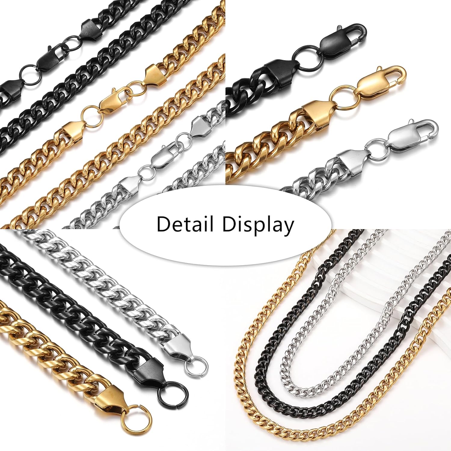 Detalle de HSWYFCJY kubanische Halskette Herren 3–8 mm Edelstahl – 45–65 cm in Silber, Gold oder Schwarz