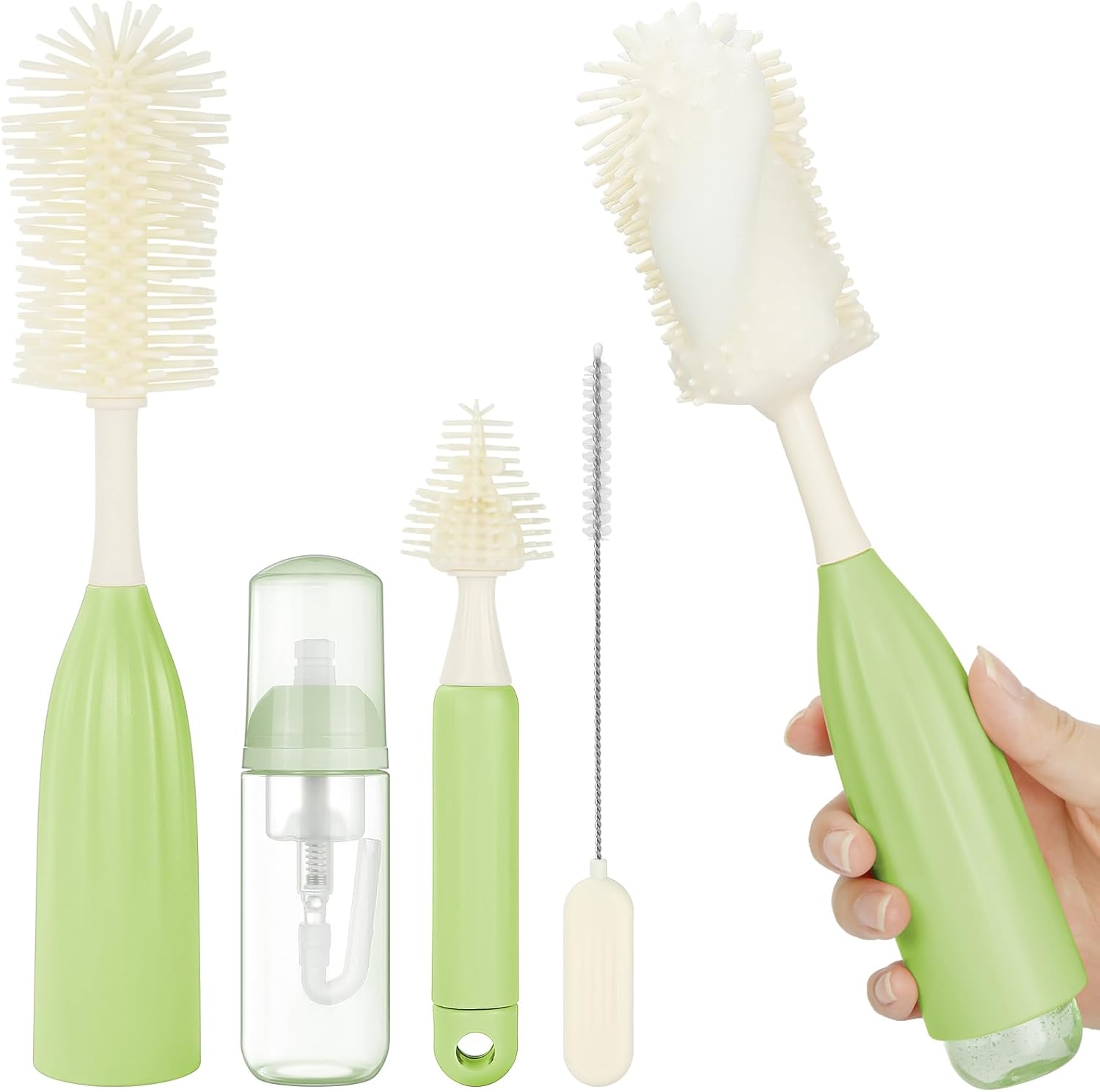 Detalle de Vicloon Press-to-Foam Baby Bottle Brush Set: 3‑in‑1 Silicone Cleaning for Bottles, Nipples and Straws